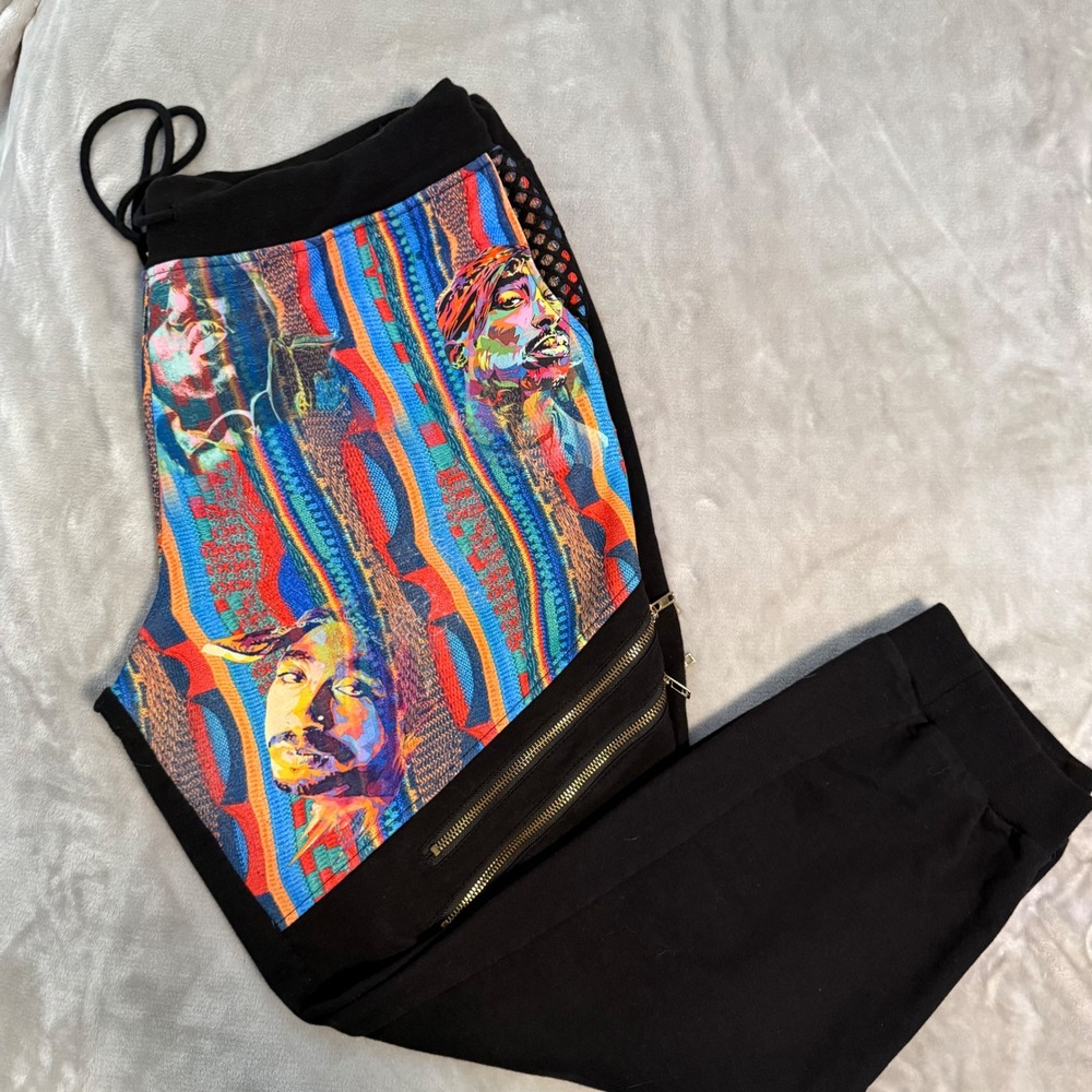 Violet & Pink Coogi-Style Joggers Biggie Tupac Art Print Zip Pants 2X